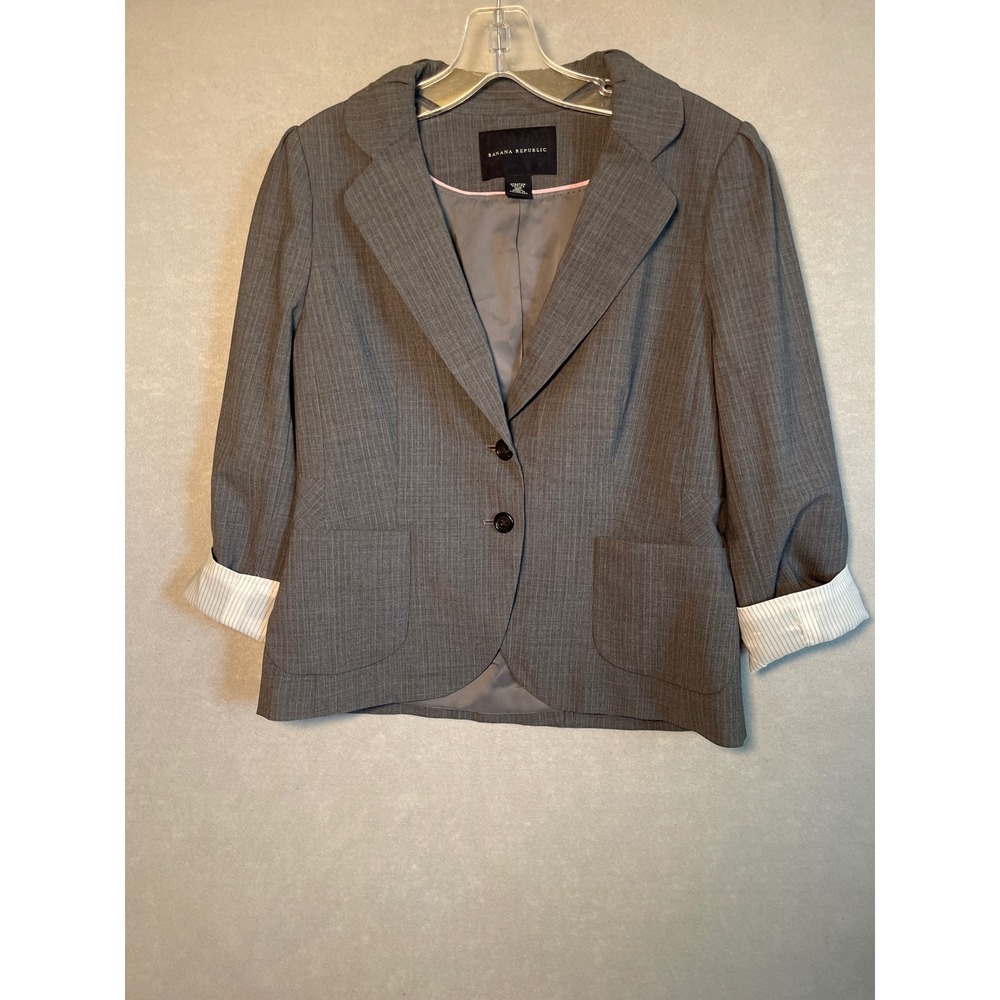 Banana Republic Wool Blend Blazer Jacket Gray Striped Petite 10P Cuffed Sleeve